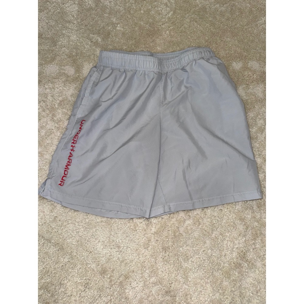 Under Armour Kids Gray Athletic Shorts Youth Large YL Red Logo Pockets